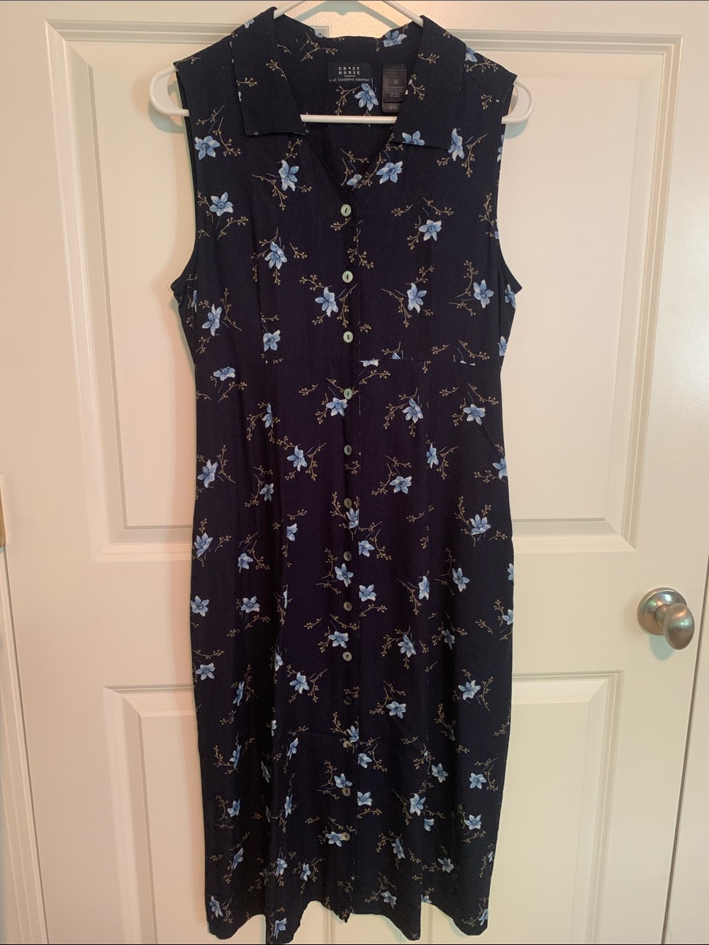 Sleeveless Midi Navy Dress with Blue Floral Print